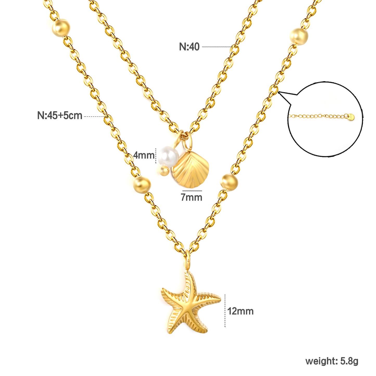 Wholesale Waterproof PVD Gold Pre-Layered Starfish & Disk Necklace