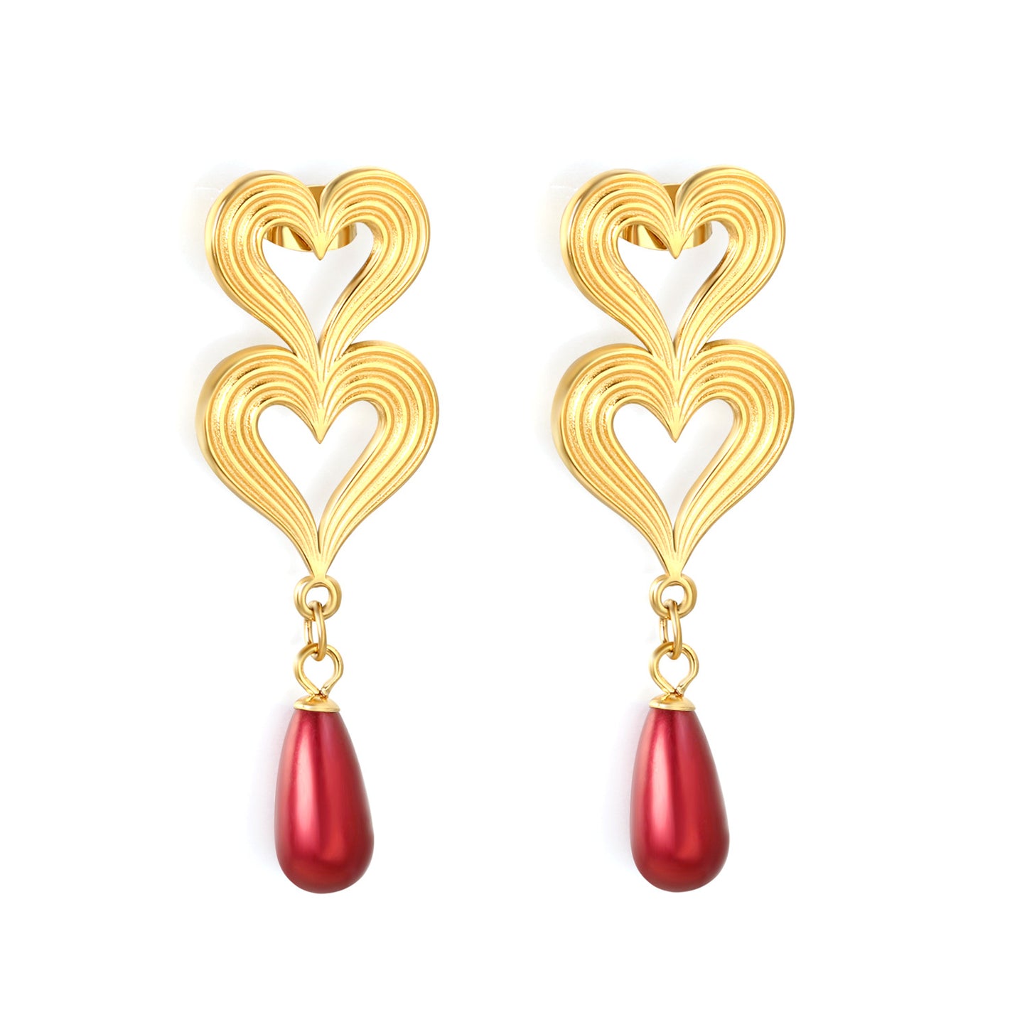 Bulk Stainless Steel Pearl Earrings | Red Drop Heart Studs