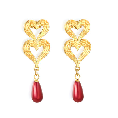 Bulk Stainless Steel Pearl Earrings | Red Drop Heart Studs
