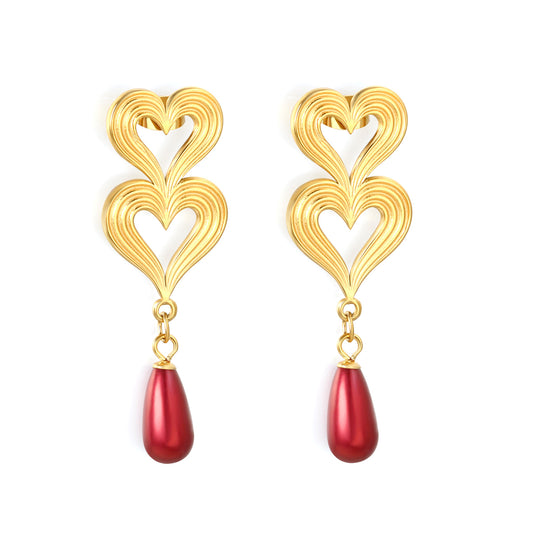 Bulk Stainless Steel Pearl Earrings | Red Drop Heart Studs