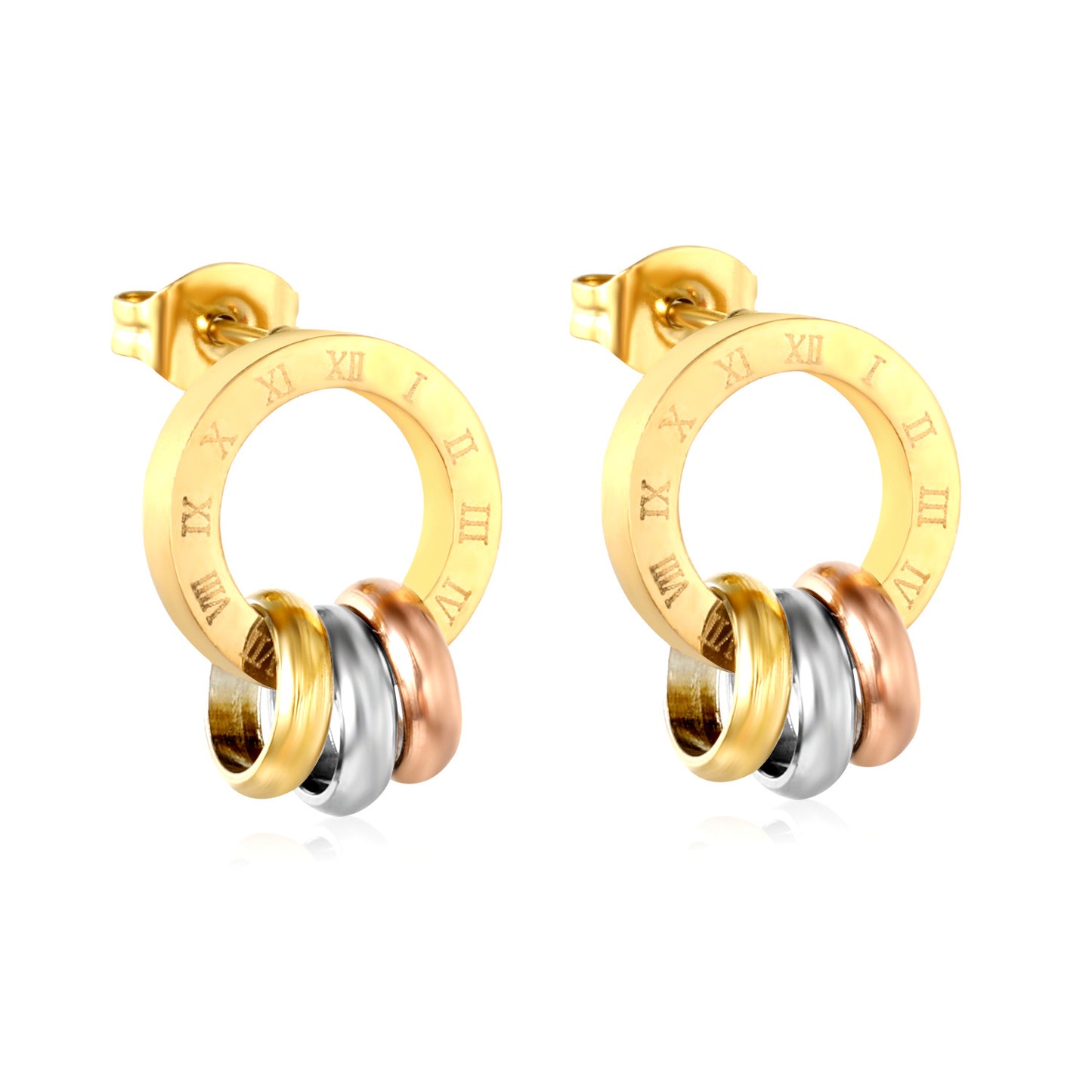 Bulk PVD Tri-Color Gold Silver Rose Gold Stacked Stud Earrings