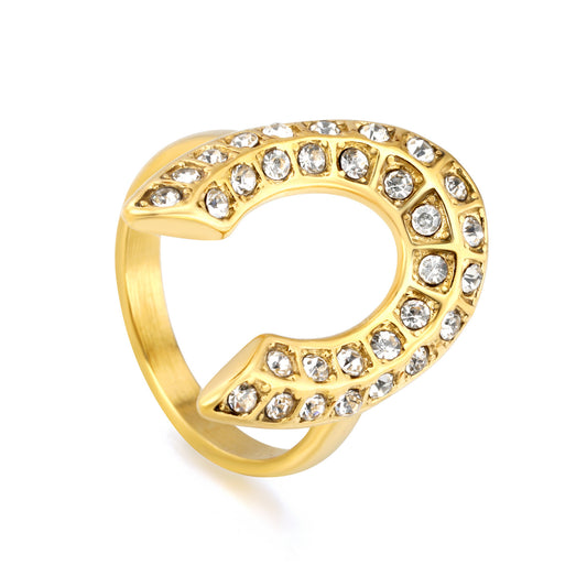 Lucky Horseshoe CZ Ring 304L Stainless Steel Gold Adjustable Unisex
