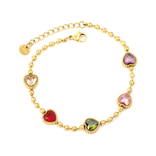 Bulk PVD Gold Colorful Heart Zircon Bead Bracelet Waterproof