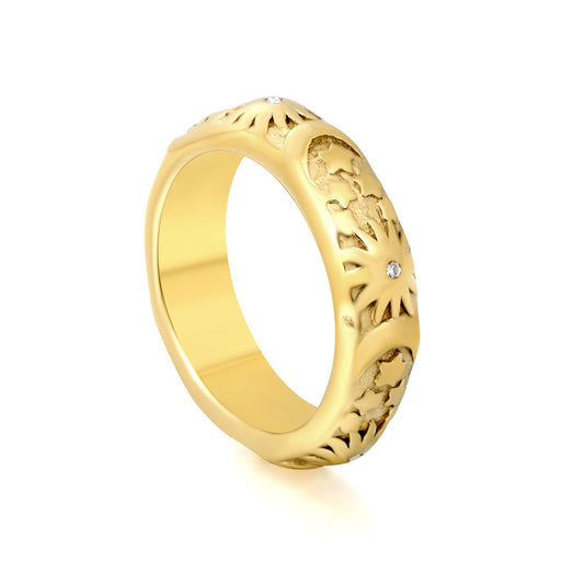 Bulk PVD Gold Sculpted Hollow Pattern Zircon Statement Ring
