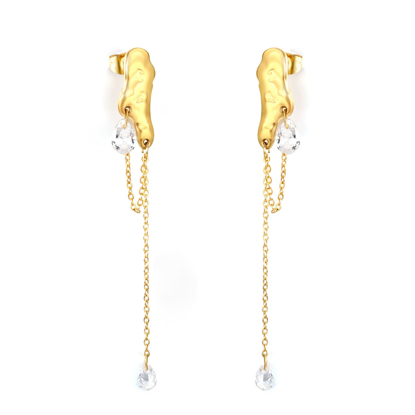 Stainless Steel Earrings | Hammered Zircon Tassel Dangle