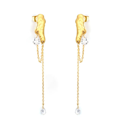 Stainless Steel Earrings | Hammered Zircon Tassel Dangle