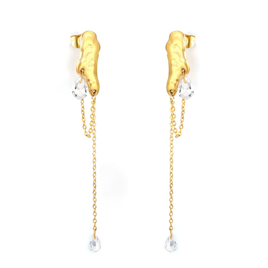 Stainless Steel Earrings | Hammered Zircon Tassel Dangle