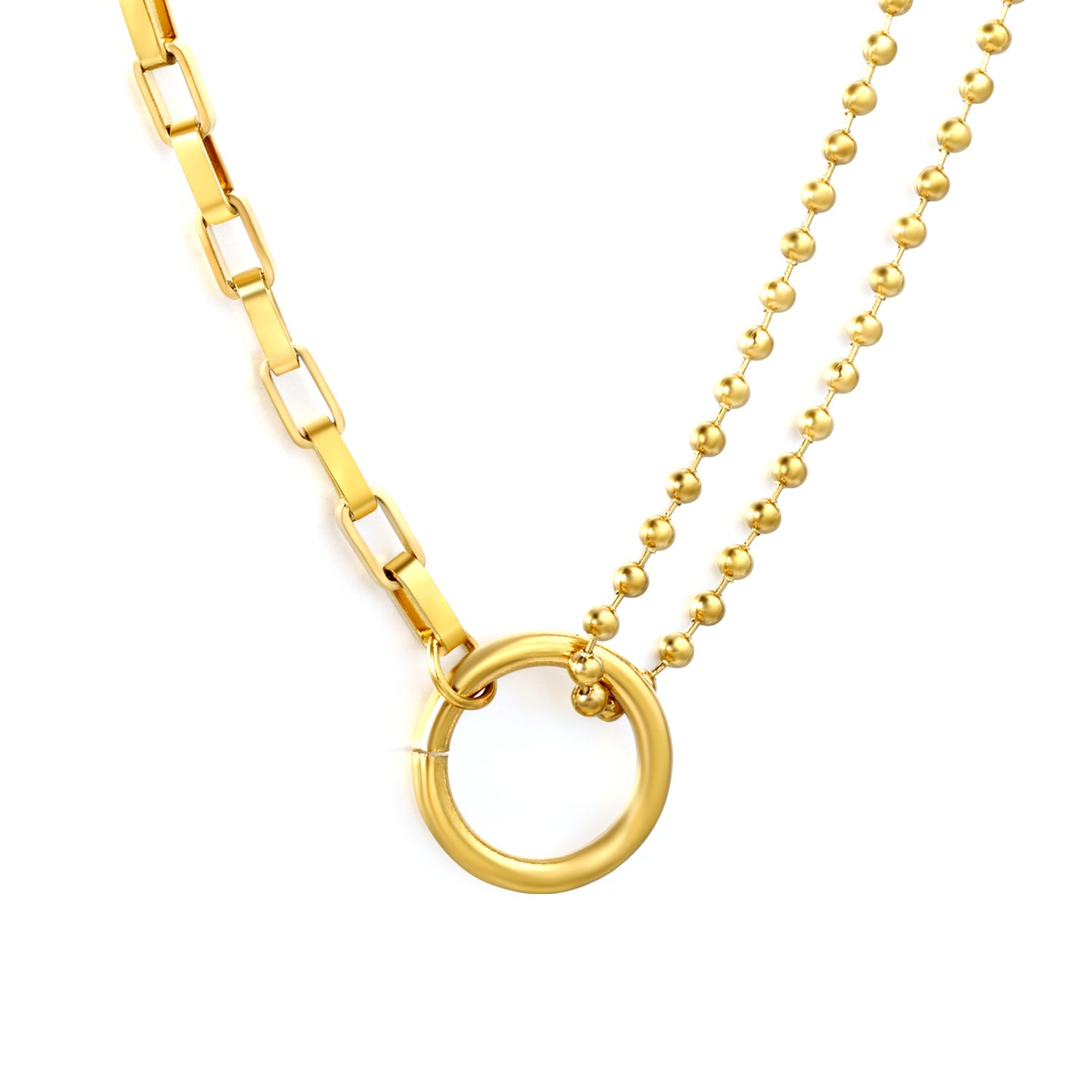 Minimalist Layered Rectangular & Bead Chain Necklace Stainless Steel