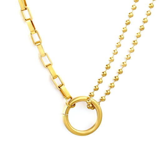 Minimalist Layered Rectangular & Bead Chain Necklace Stainless Steel