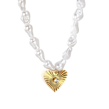 Waterproof 304L Stainless Steel Gold Heart Pearl Necklace