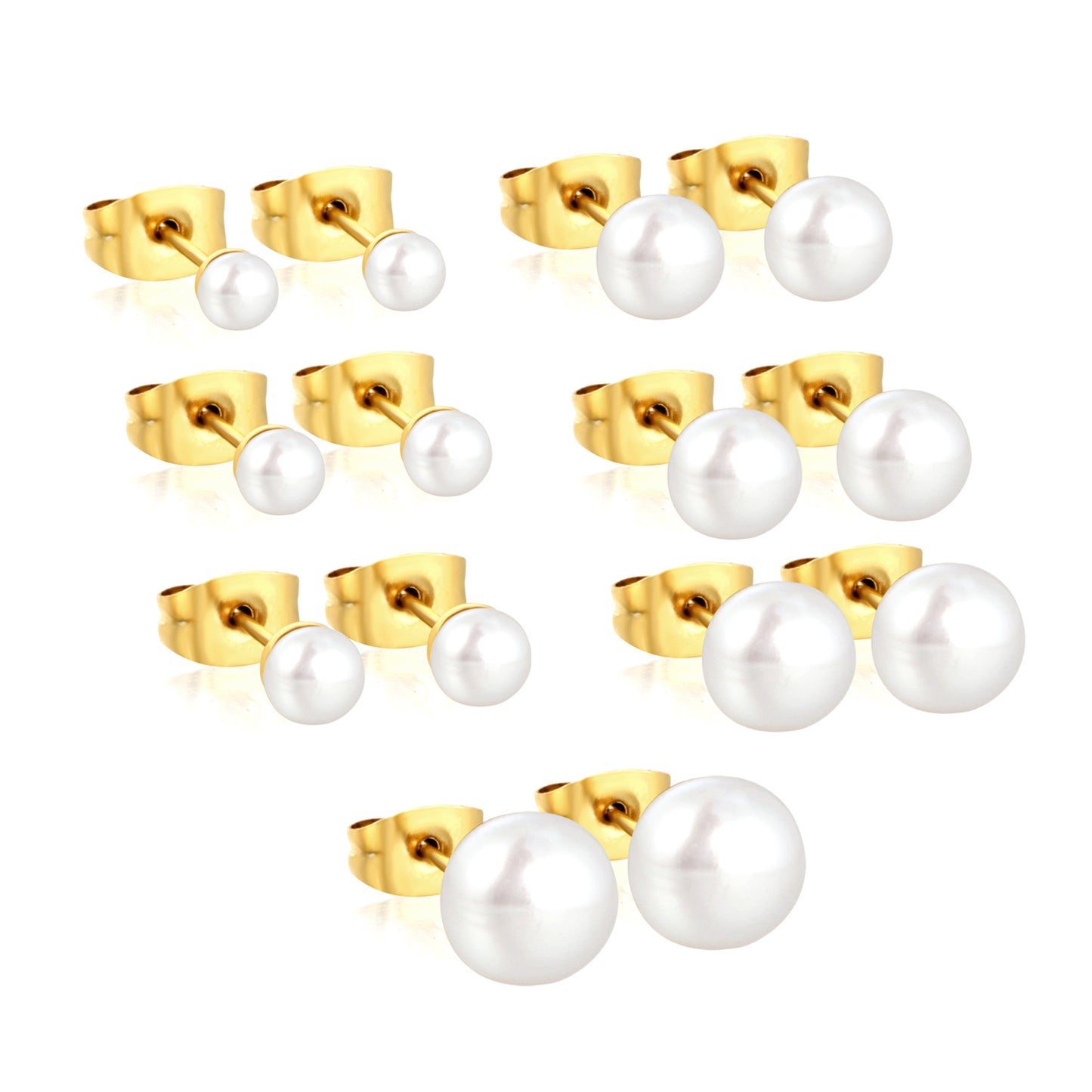 Wholesale Waterproof PVD Gold Square Link Pearl Drop Studs (3mm-9mm)