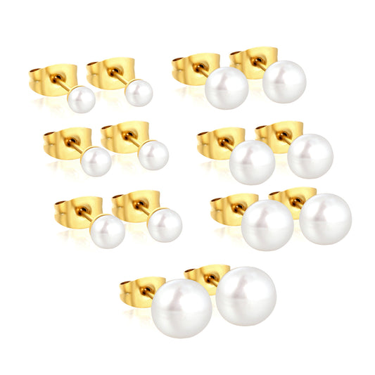Wholesale Waterproof PVD Gold Square Link Pearl Drop Studs (3mm-9mm)