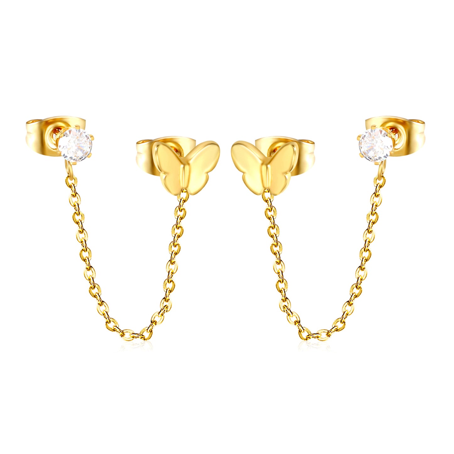 Sweet & Edgy Butterfly Double Piercing Chain Studs Stainless Steel Non-Tarnish