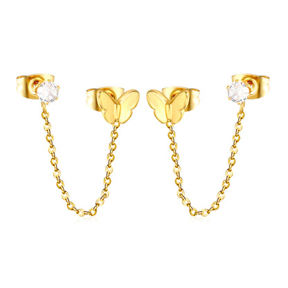 Sweet & Edgy Butterfly Double Piercing Chain Studs Stainless Steel Non-Tarnish