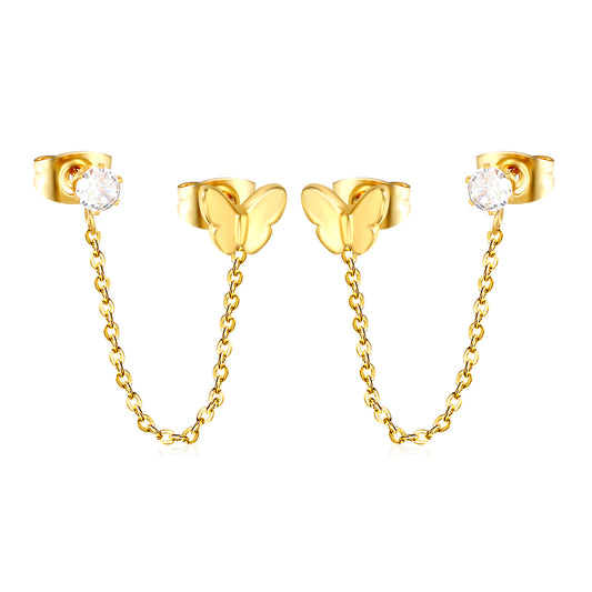 Sweet & Edgy Butterfly Double Piercing Chain Studs Stainless Steel Non-Tarnish