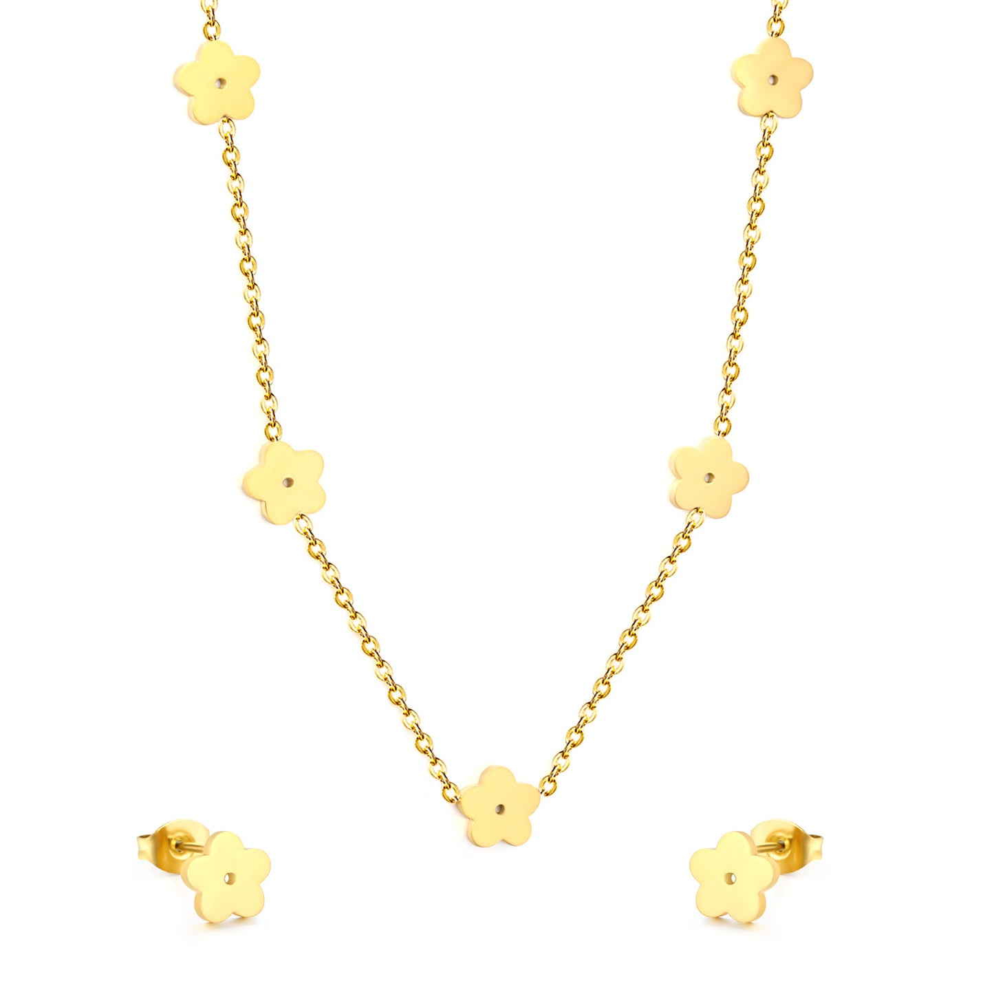 Wholesale Waterproof PVD Gold Sculpted Clover Necklace & Stud Set