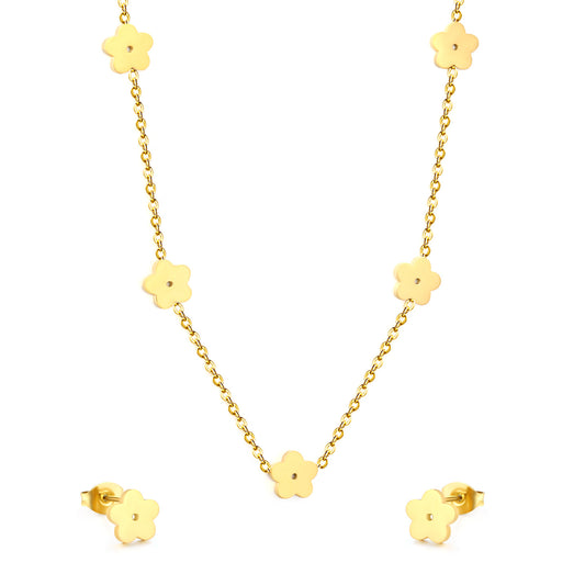 Wholesale Waterproof PVD Gold Sculpted Clover Necklace & Stud Set