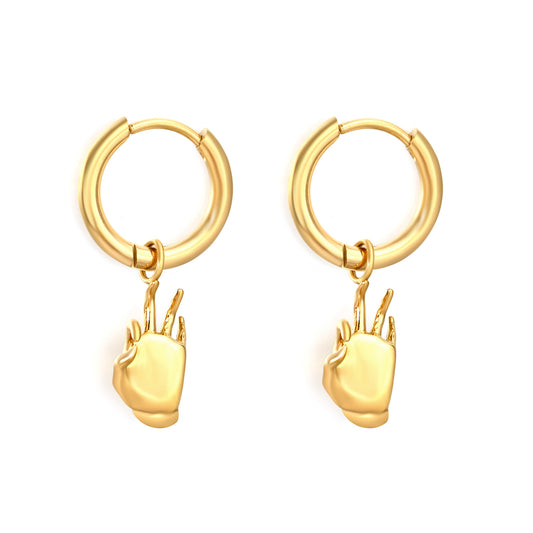 Bulk PVD Gold Sculpted Peace Sign Gesture Charm Hoop Earrings