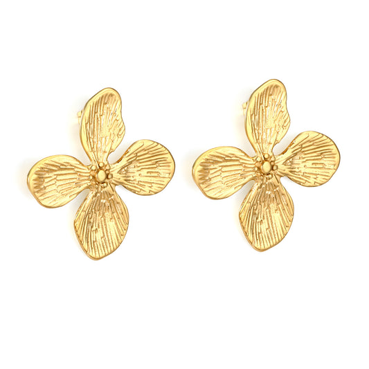 Bulk PVD Gold Relief-Textured Sculpted Botanical Petal Earrings