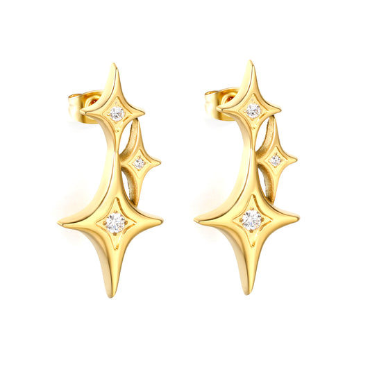 Celestial Star Motif CZ Stud Earrings Stainless Steel Waterproof