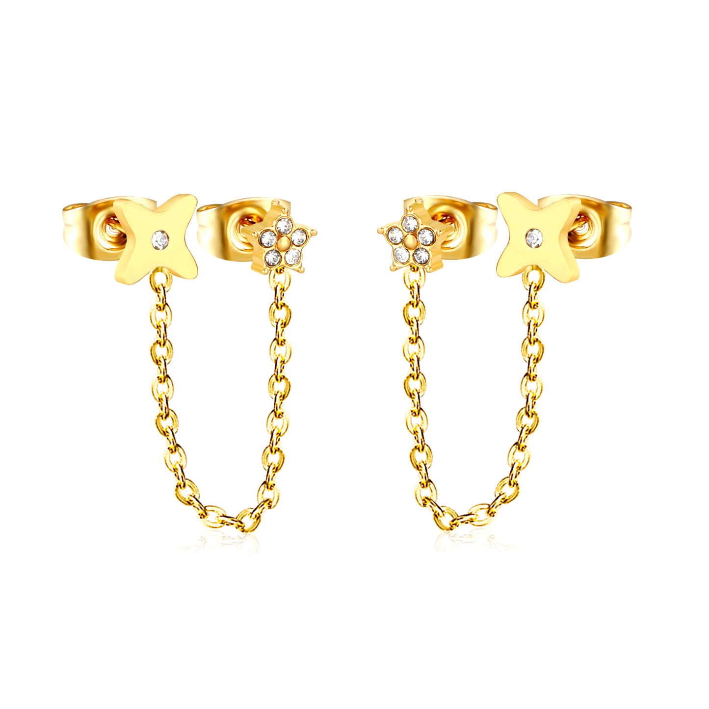Bulk PVD Gold Pave CZ Star Long Chain Dangle Earrings Waterproof