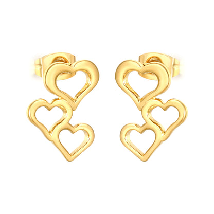 Tiny Triple Heart Stacked Studs Stainless Steel Waterproof
