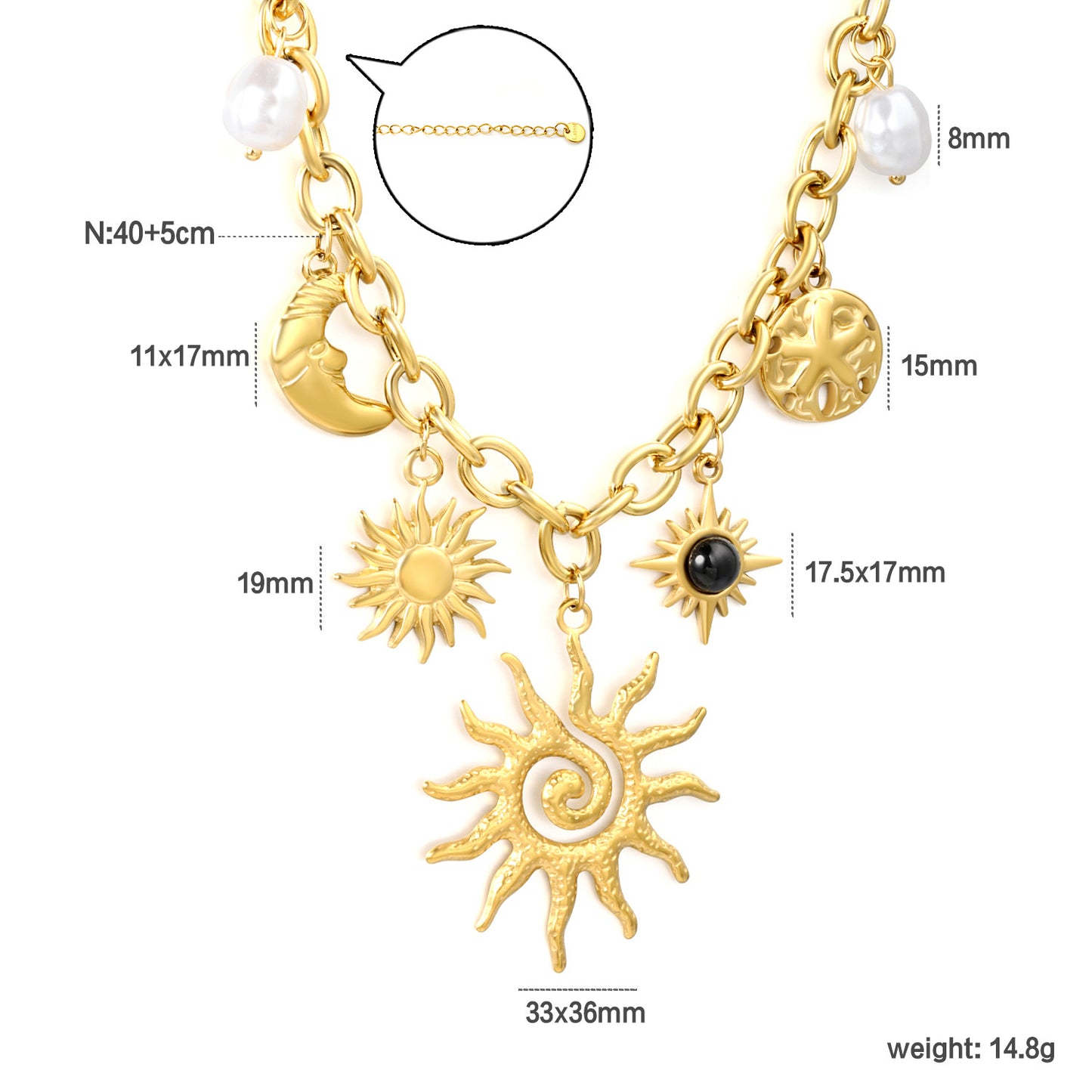Boho-Chic Cuban Chain with Celestial Charms & Pearls Stainless Steel
