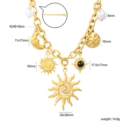 Boho-Chic Cuban Chain with Celestial Charms & Pearls Stainless Steel