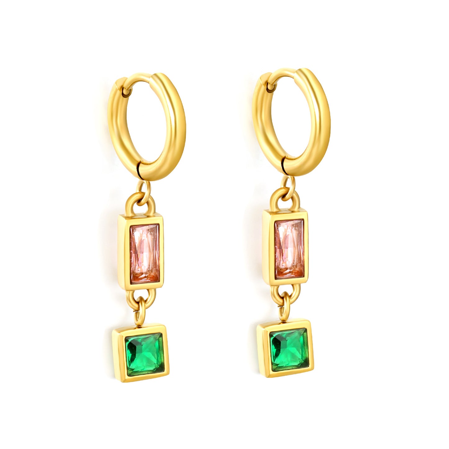 Stainless Steel Earrings | Pink & Green Zircon Square Hoops