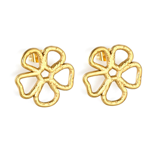 Wholesale Waterproof PVD Gold Sculpted Hollow Clover Petal Earrings