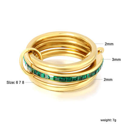 Statement Three-Layer Ring 304L Steel Gold Plated Square CZ Closed Band