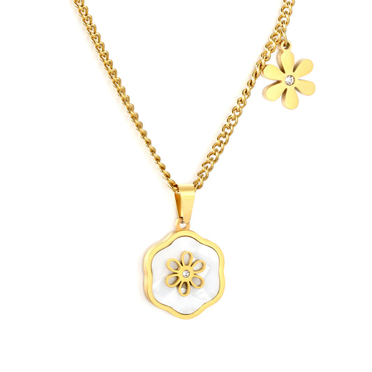 Bulk PVD Gold Sculpted White Flower & Shell Pearl Side-Drop Necklace