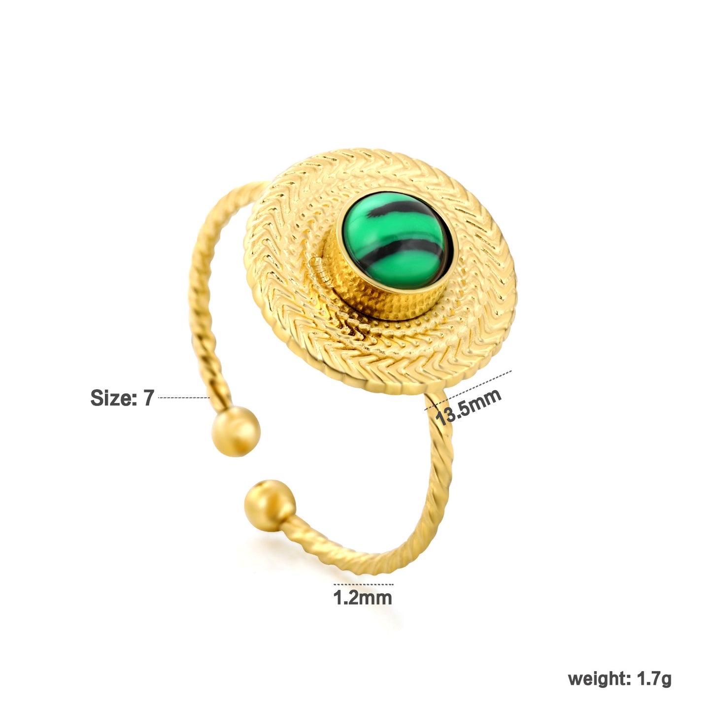 Wholesale Waterproof PVD Gold Sculpted Malachite Twist Open Ring