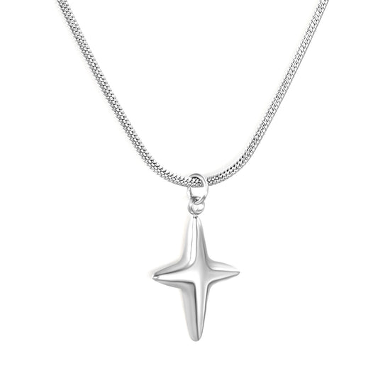 Wholesale Waterproof PVD Silver Sculpted 4-Point Star Snake Chain Necklace
