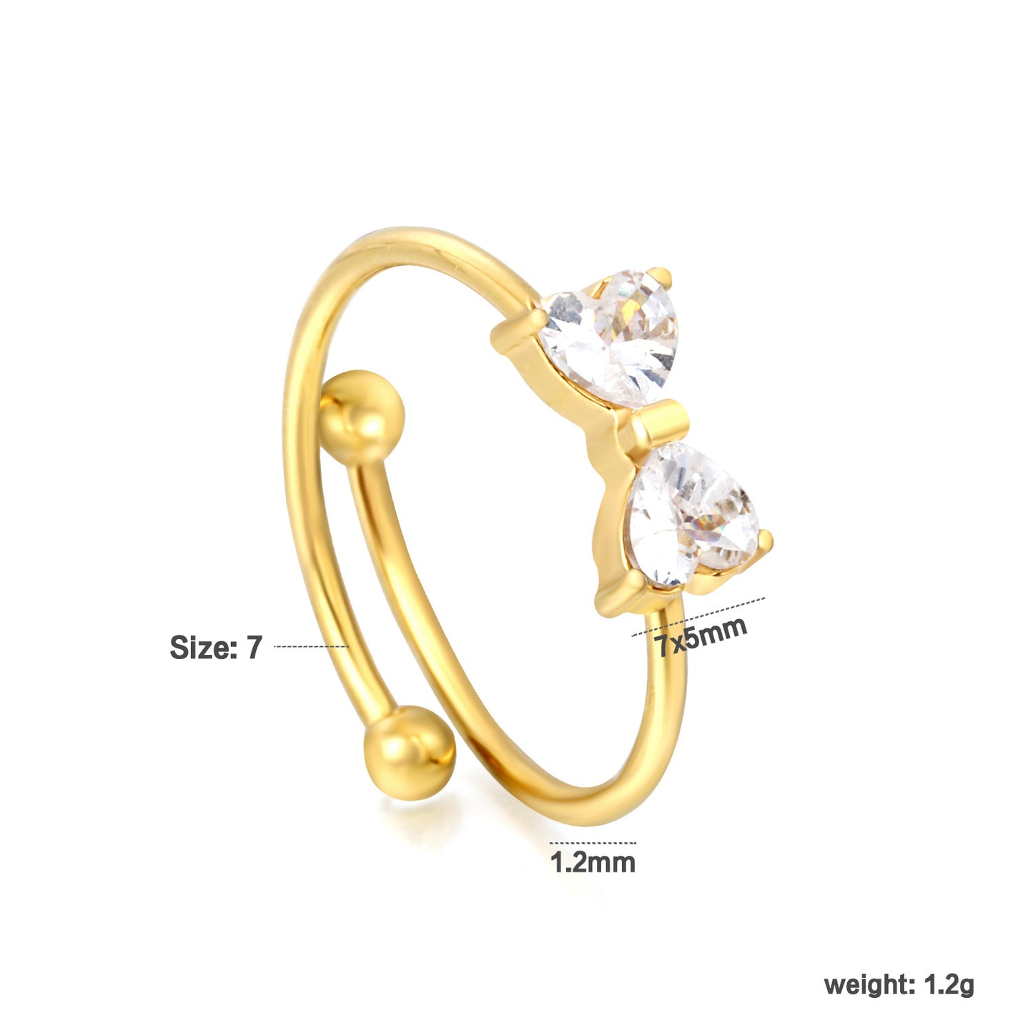 Wholesale Waterproof PVD Gold Double CZ Heart Dainty Open Ring