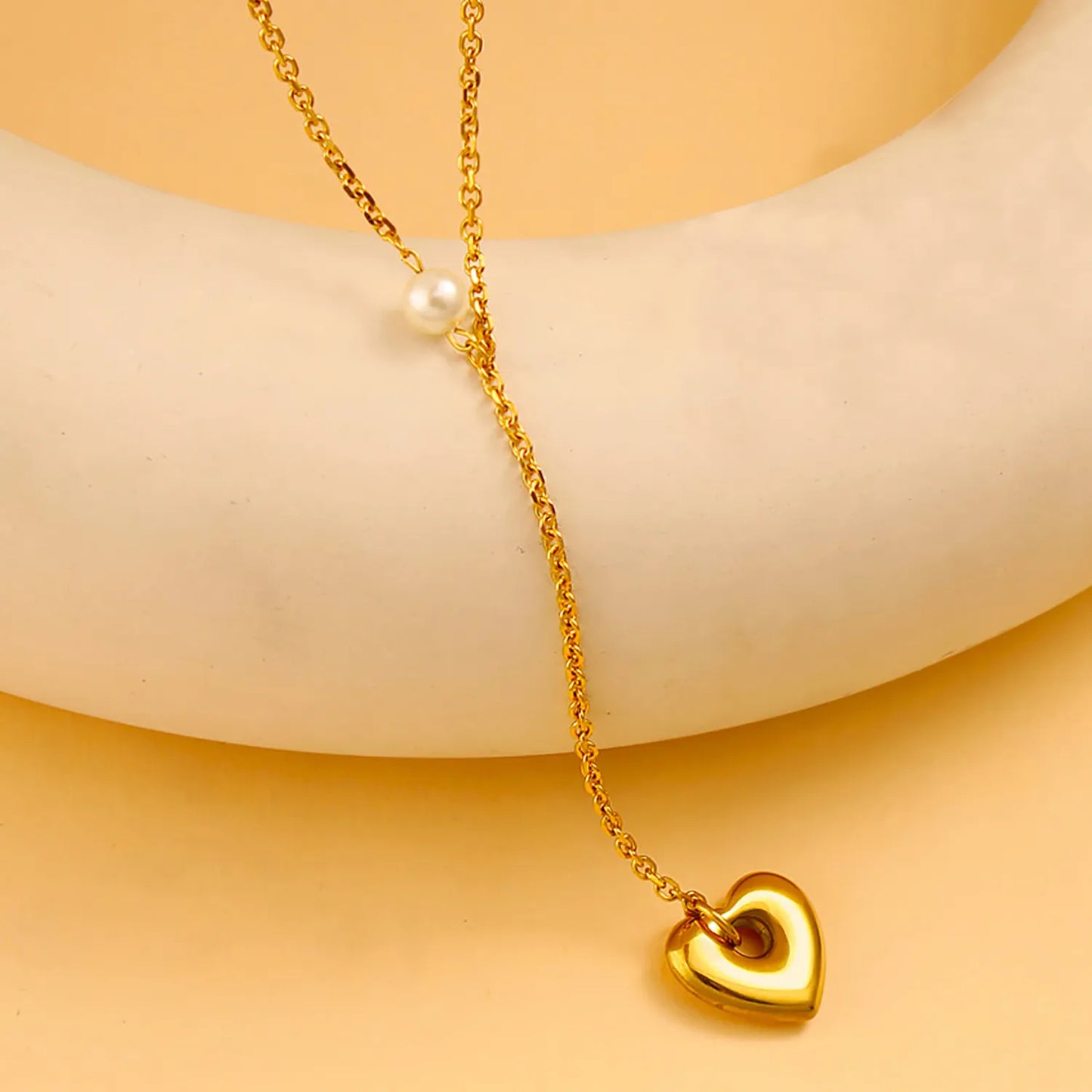 Romantic Adjustable Y-Necklace with Shell Pearl & Heart Drop Stainless Steel