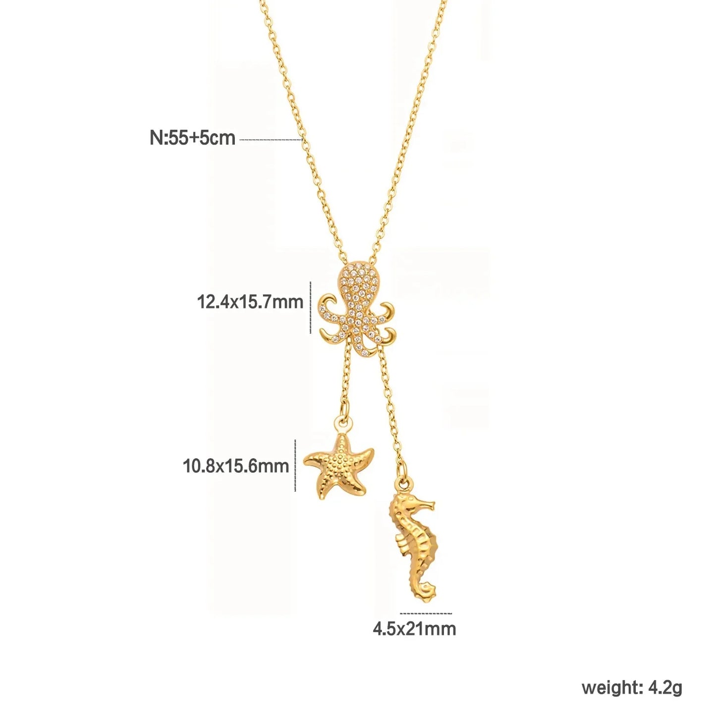 Wholesale Waterproof PVD Gold Sculpted Ocean Octopus & Starfish Y-Necklace