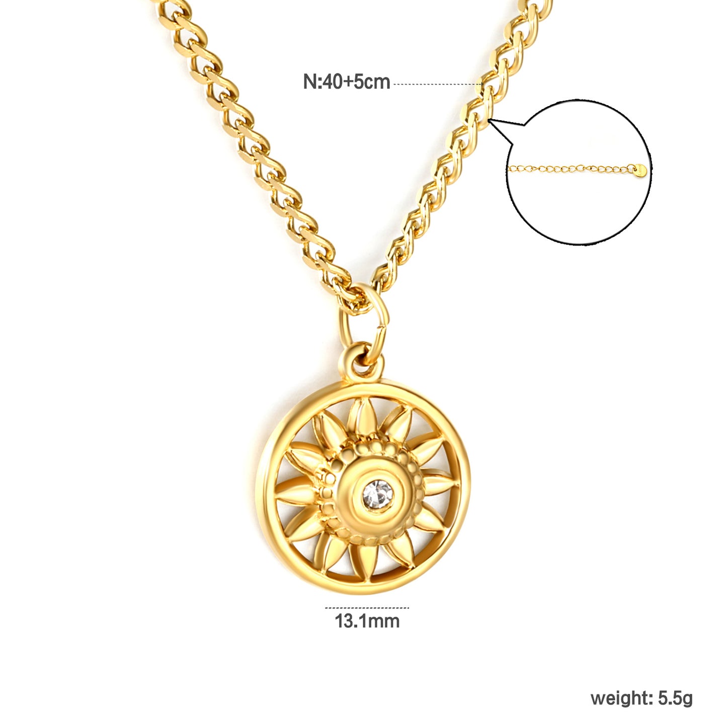 Wholesale Waterproof PVD Gold Sunflower CZ Radiant Pendant Necklace