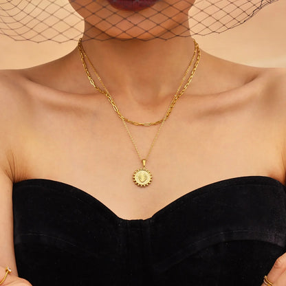 Bulk PVD Gold Relief-Textured Sun Medallion Layered Necklace
