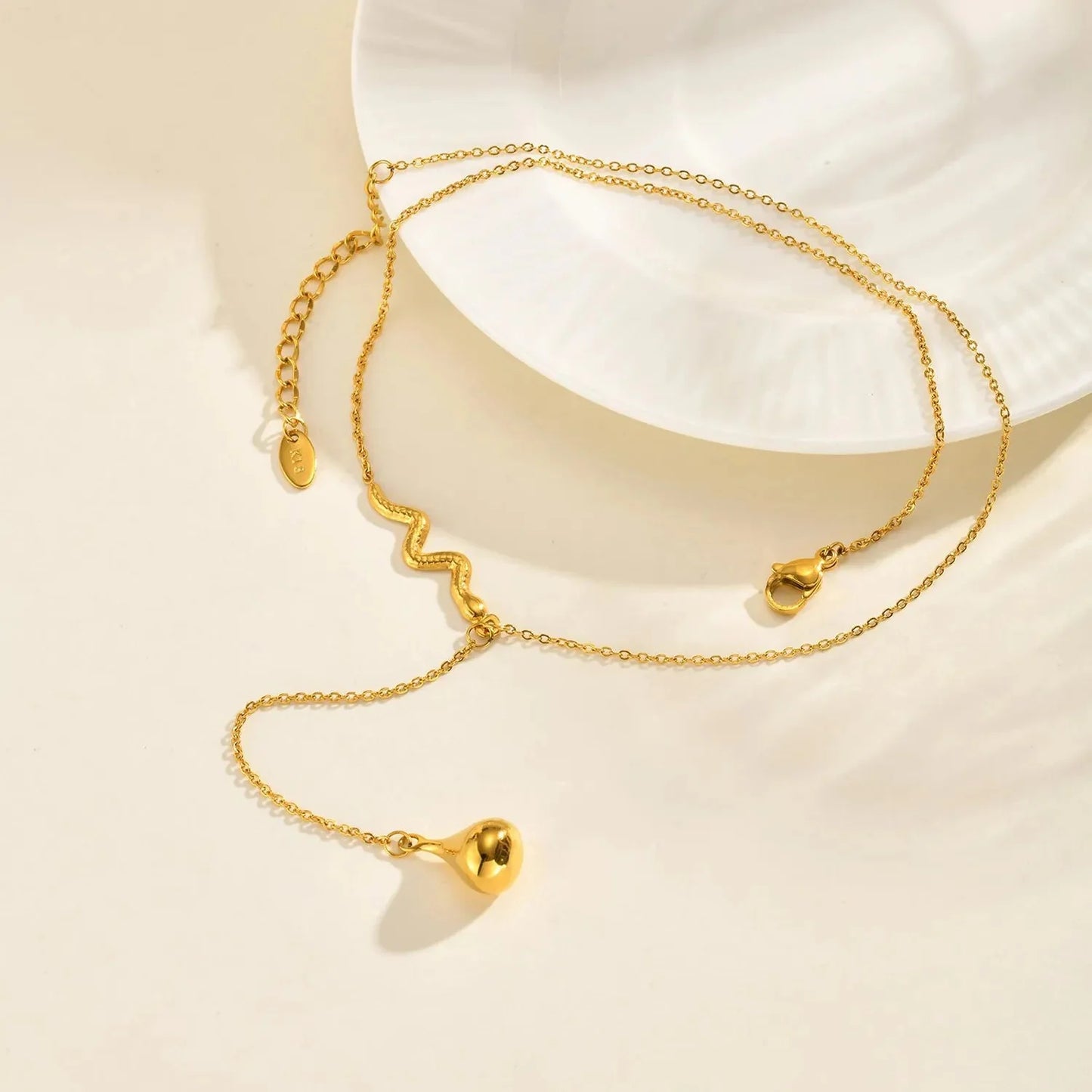 Wholesale Waterproof PVD Gold Sculpted Snake & Drop Y-Necklace