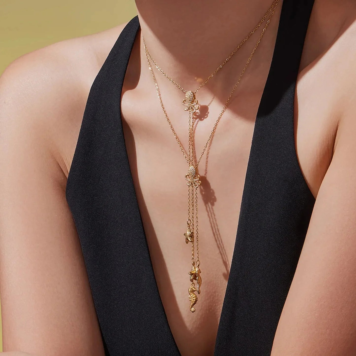 Wholesale Waterproof PVD Gold Sculpted Ocean Octopus & Starfish Y-Necklace