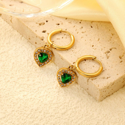 Bulk Stainless Steel Heart Earrings | Emerald Halo Zircon Hoops