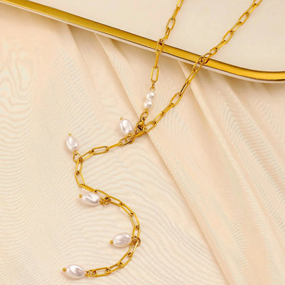 French Style Pearl Fringe Drop Necklace Stainless Steel Tarnish-Free