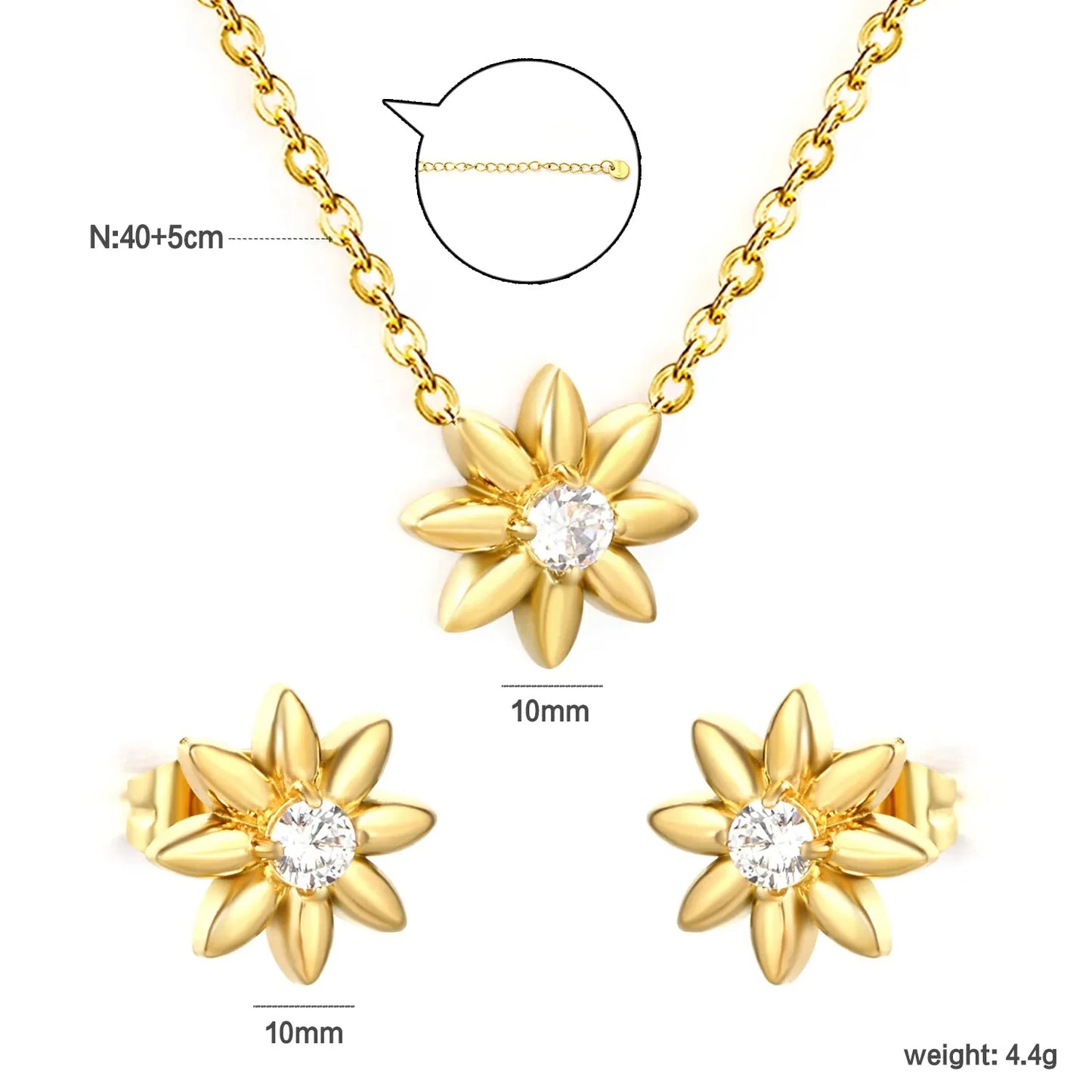 Everyday Gold Flower Jewelry Set 304L Steel CZ Pendant Necklace & Earrings