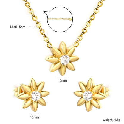 Everyday Gold Flower Jewelry Set 304L Steel CZ Pendant Necklace & Earrings