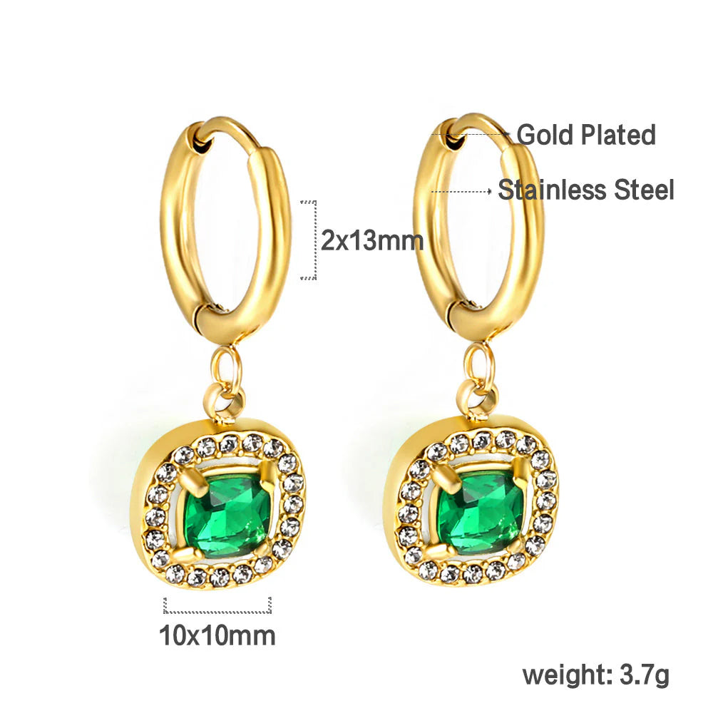 Stainless Steel Earrings | Emerald Cut Green Zircon Hoop