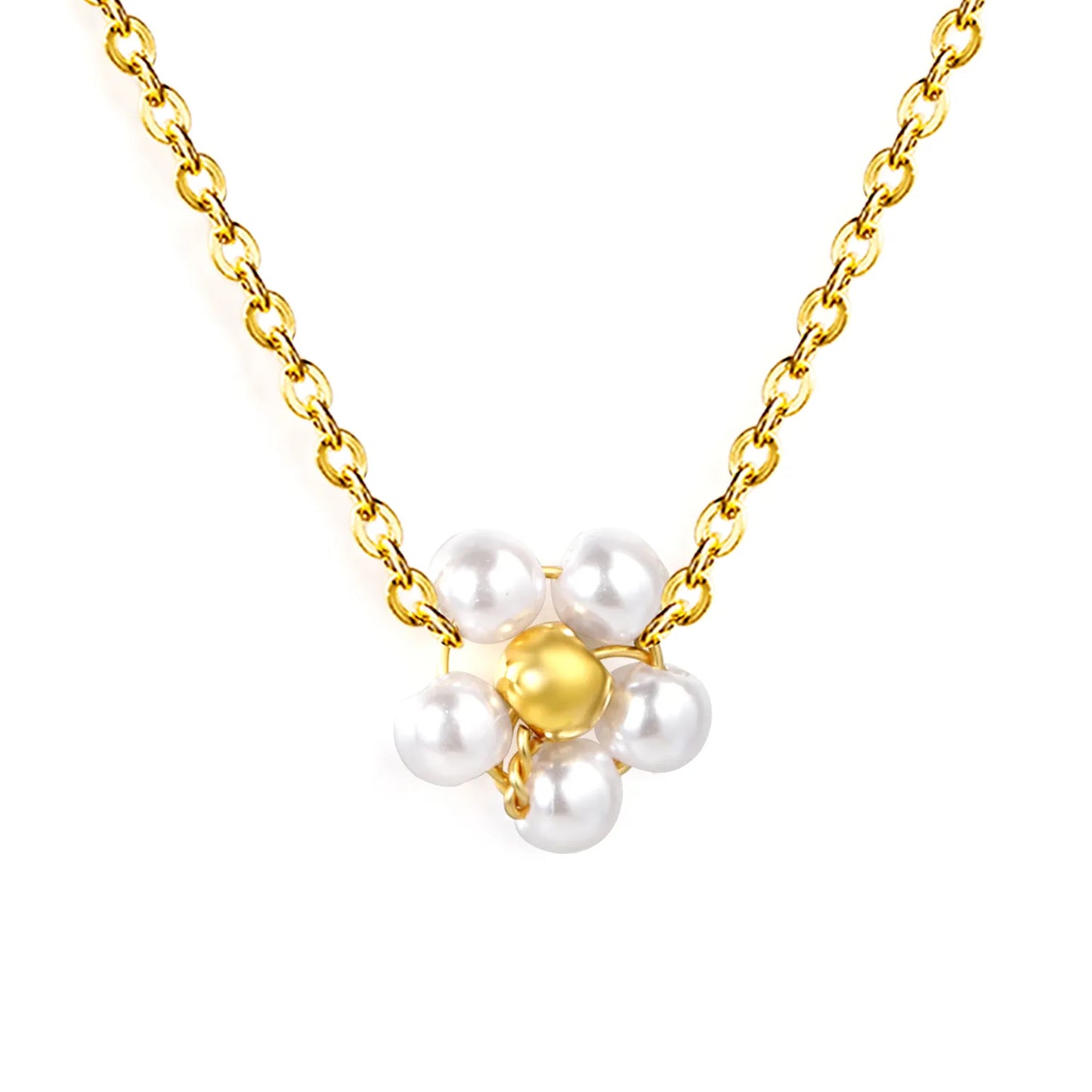 Bulk PVD Gold Sculpted Shell Pearl Flower Pendant Necklace