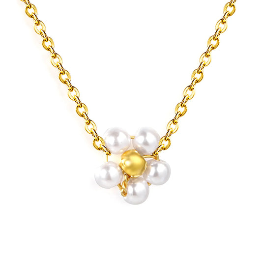 Bulk PVD Gold Sculpted Shell Pearl Flower Pendant Necklace