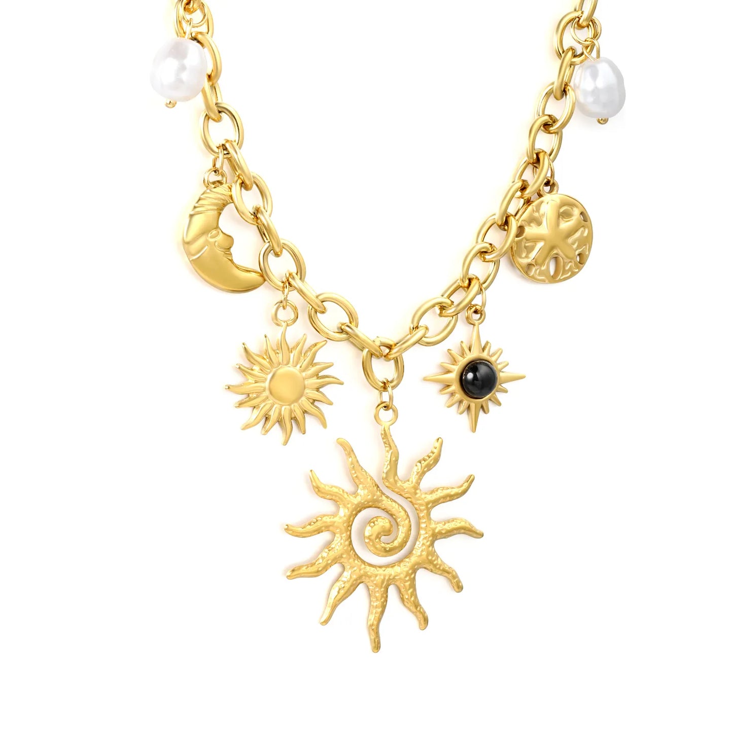Boho-Chic Cuban Chain with Celestial Charms & Pearls Stainless Steel