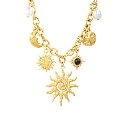 Boho-Chic Cuban Chain with Celestial Charms & Pearls Stainless Steel
